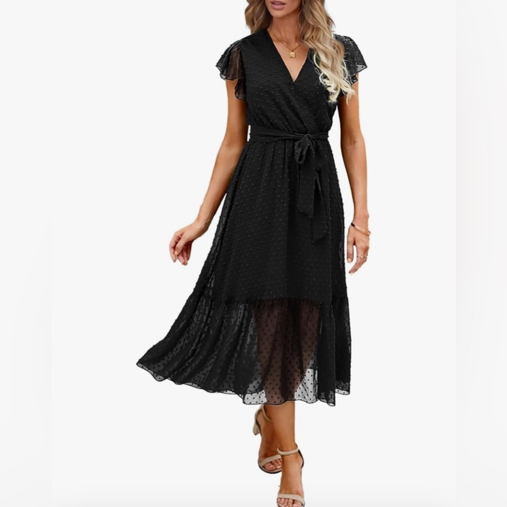 Black Tiered Maxi Dress with Flutter Sleeves Swiss Dot Surplice